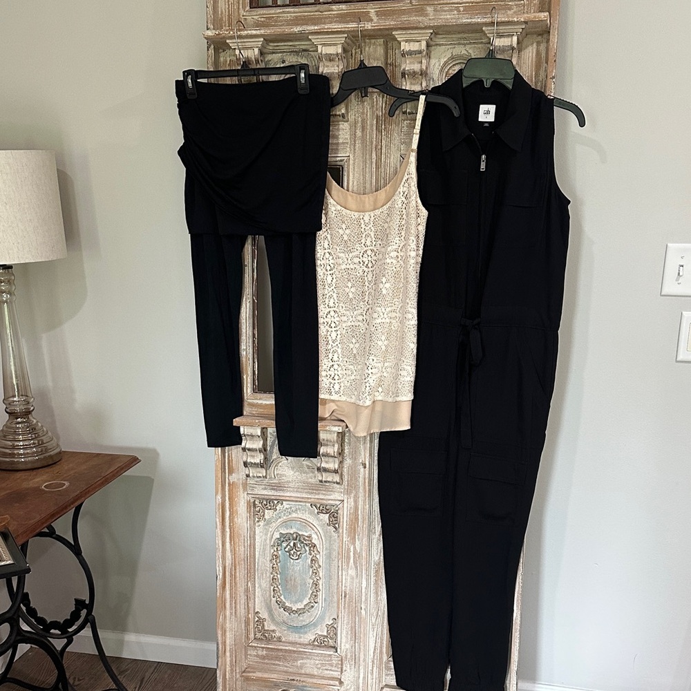 CAbi 3 piece bundle Jumpsuit, lace cami, leggings
